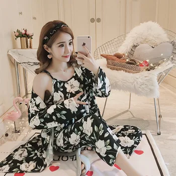 

2019 new womens Pajamas Sets 3pcs/set Nightwear Sleepwear Women Sleepwear Female Cami Top + pants+robes Pajamas Spaghetti Strap