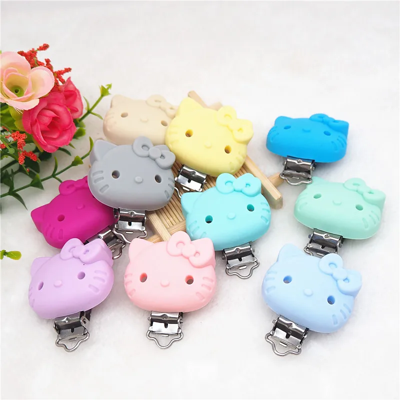 Chenkai 10 pièces Silicone Hello Kitty chat sucette Clips bricolage bébé Animal soins infirmiers factice anneau de dentition porte-chaîne jouet Clips sans BPA (lot de 10)