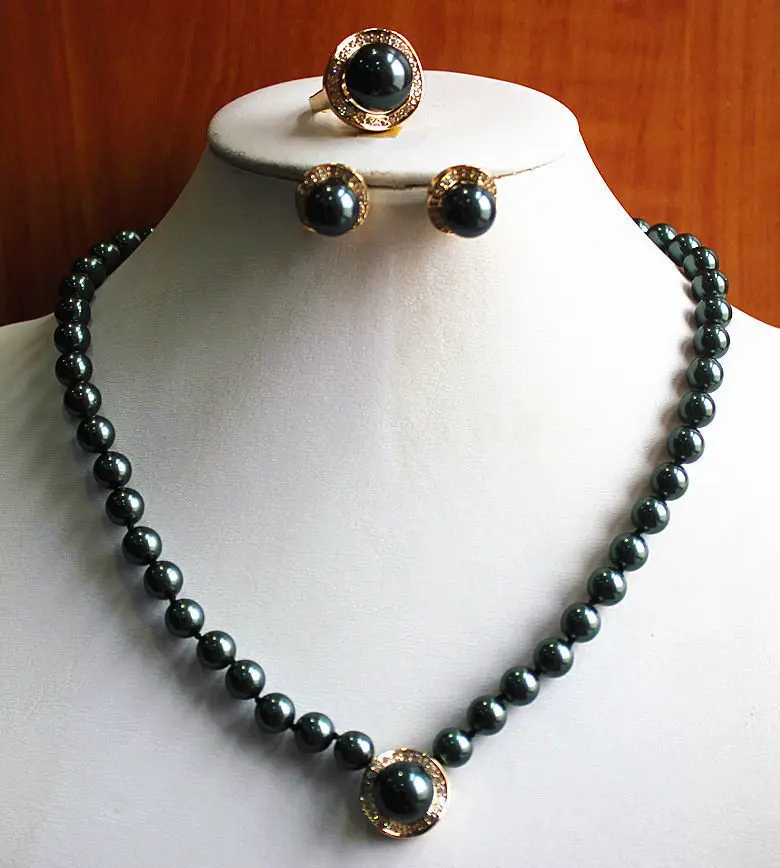 

Charming Noble Women'S Black Pearl Necklace Earring Ring(7/8/9)Jewelry Set