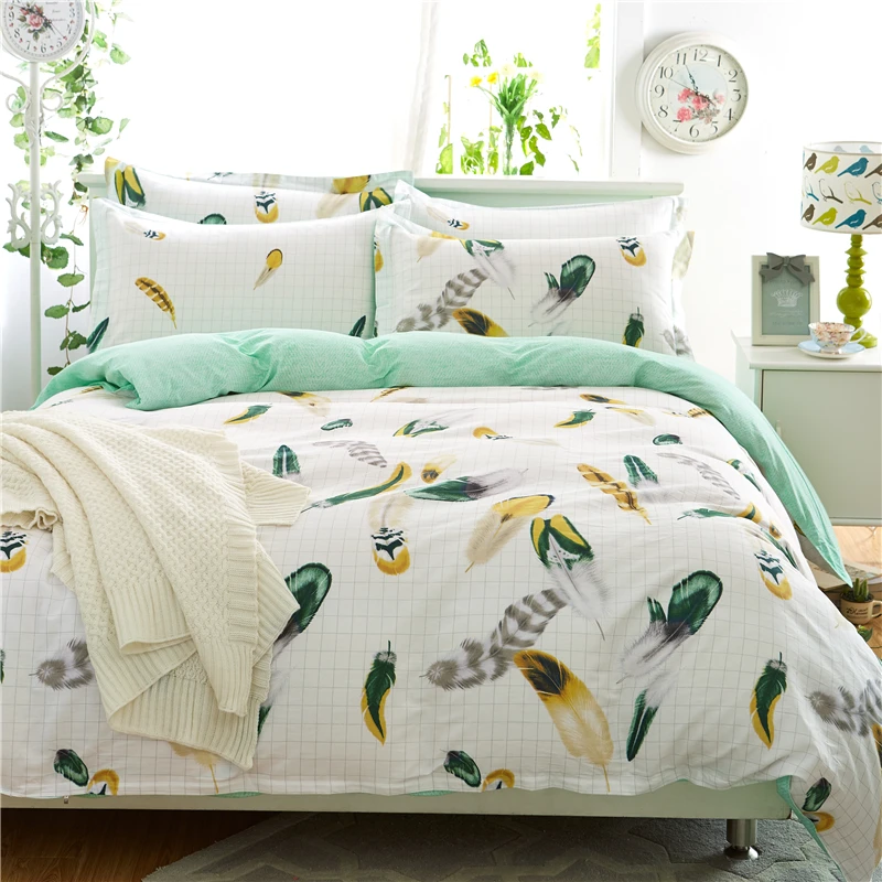 Home Textiles Green Cute Feathers Style 100%Cotton Bedding Sets 4Pcs Of Duvet Cover Bed Sheet Pillowcase King Queen Full Twin | Дом и сад