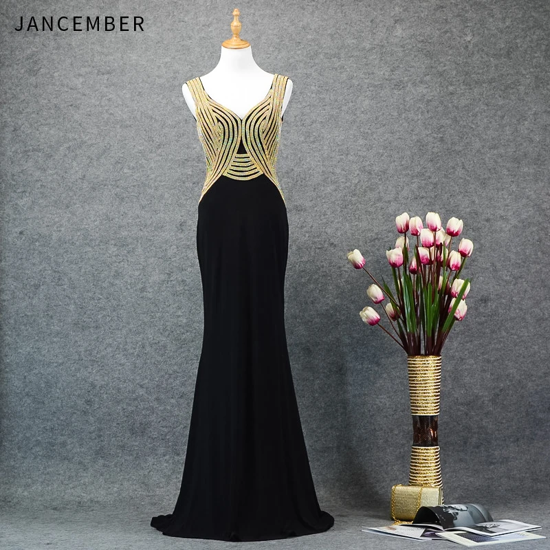 

JANCEMBER robe de soirée élégante Beading Pattern Sleeveless Backless V-Neck Court Train Mermaid New vestidos de noche elegantes