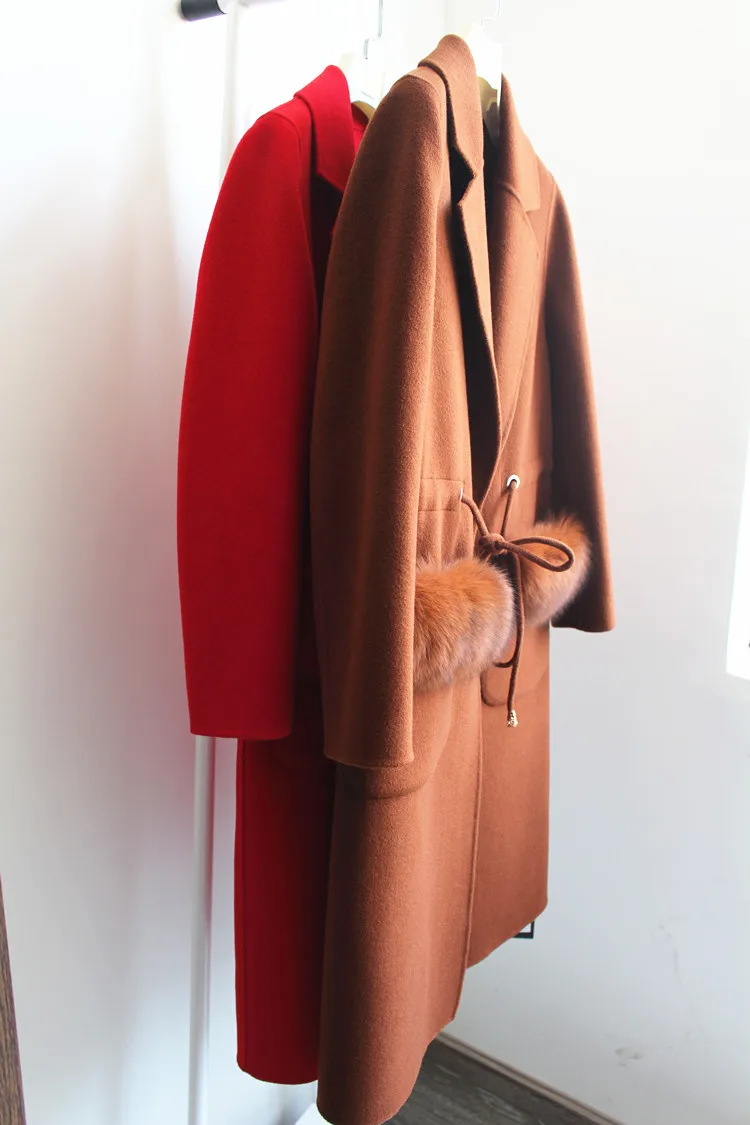 Для женщин double faced Wool coat ручной работы осень зима высокого класса лисий мех карман
