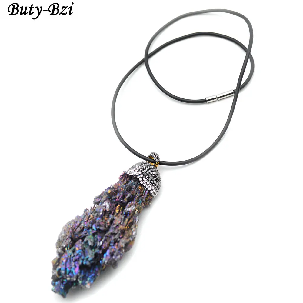 

Natural Rough Mineral Rainbow Stone Pendant Leather Chains Necklace Black Glass Beads Setting Jewelry
