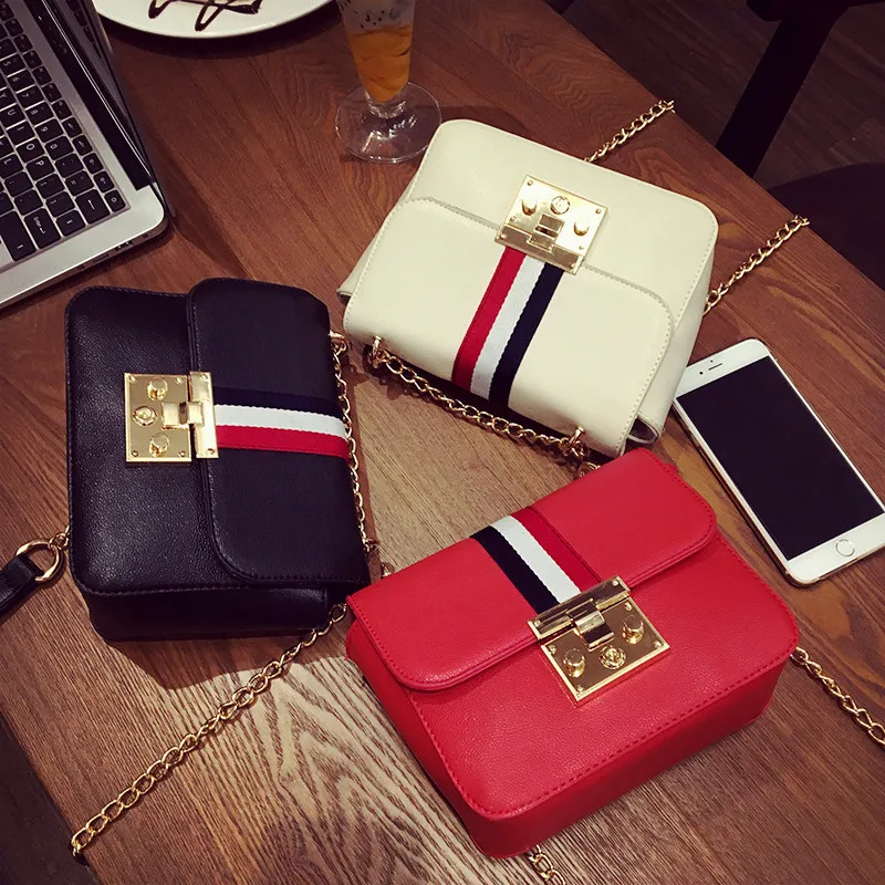 

Tide Female Bag Europe Ribbon One Shoulder Chain Lock Small Party Package Inclined Shoulder Bag