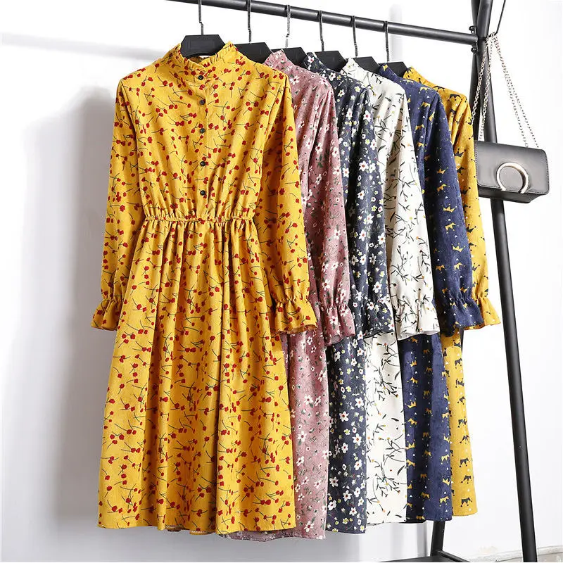 

Spring Autumn Corduroy Dress Women Long Sleeve High Waist Dresses Women Large Size Vestido Flower Dress For Women Clothing Q1104