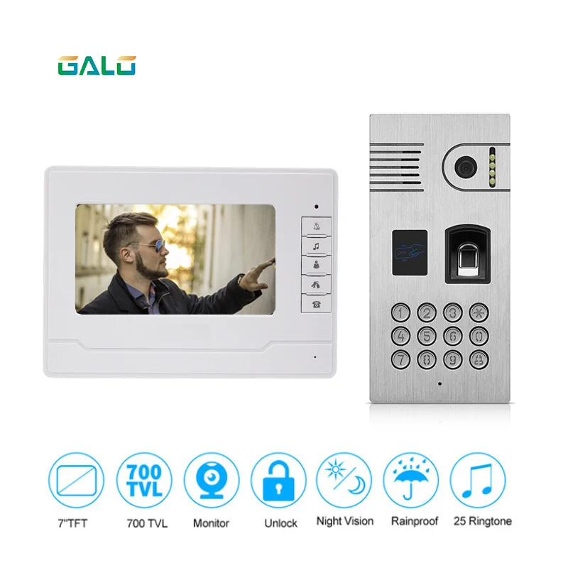 

7'' Color Wired Video with Fingerprint Recognition and RFID reader Optional Intercom System Doorbell Camera IR Night Vision
