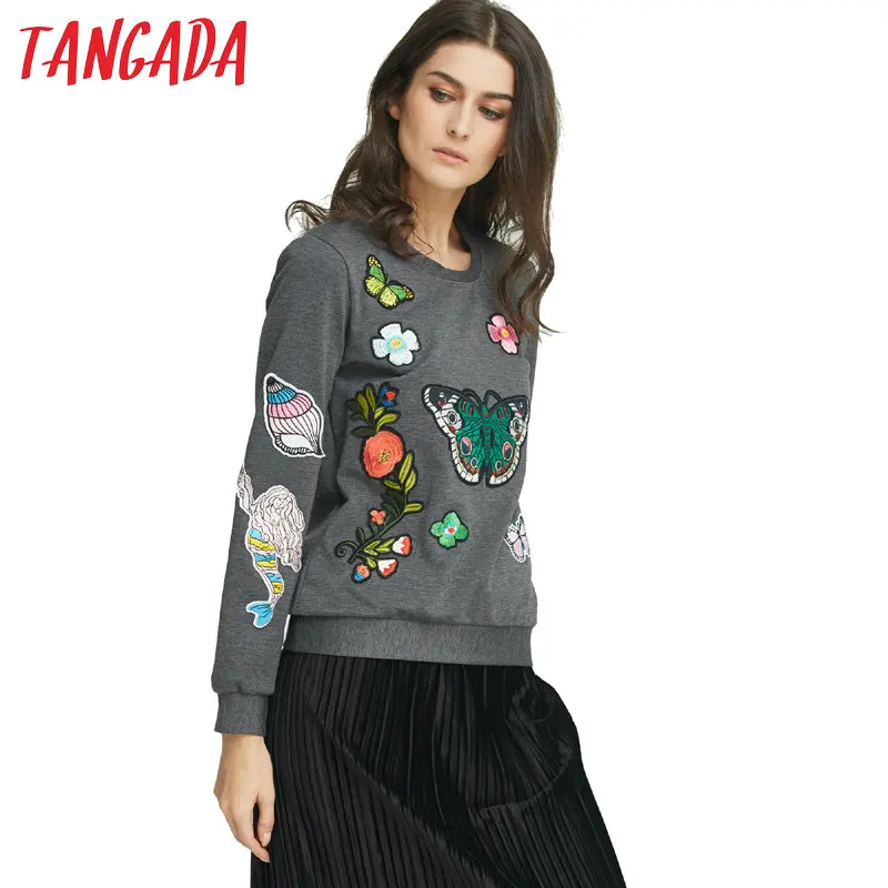 Tangada Fashion 2017 Appliques Gray Pullover Women Casual