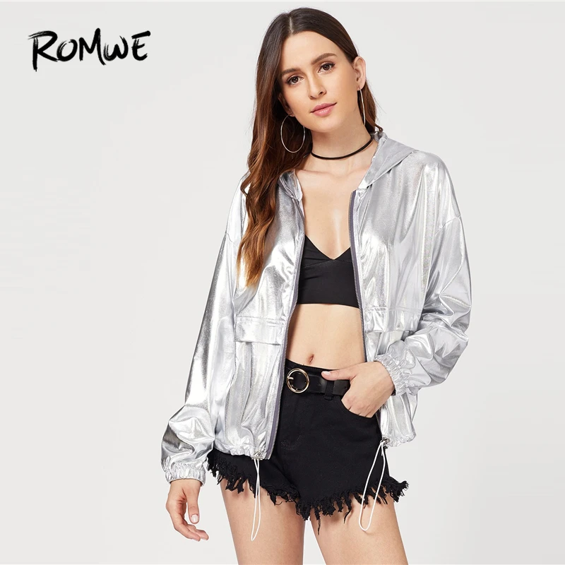

ROMWE Metallic Drawstring Hooded Coats and Jackets Women Clubbing Silver Reflective Jacket Women Spring Zipper Streetwear Jacket