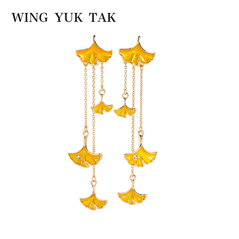 

wing yuk tak Vintage Earrings Fashion Enamel Crystal Ginkgo Leaves Long Chain Tassel Drop Earrings For Women Bohemian Jewelry