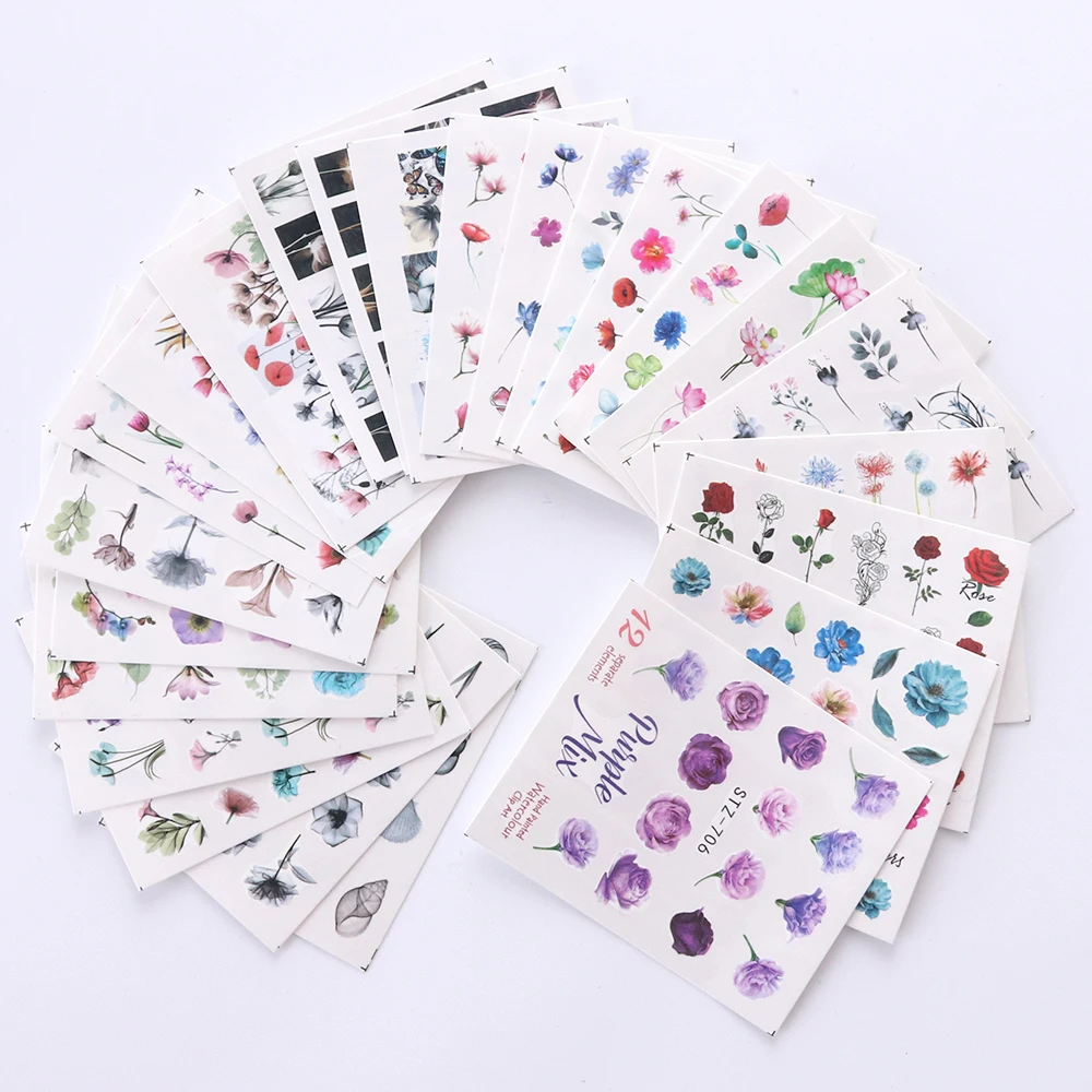 24 Sheets/sets Nail Water Sticker Flower Flamingo Beauty Slider Bloom Colorful Plant Pattern 3D Manicure Sticker TRSTZ683-706-1