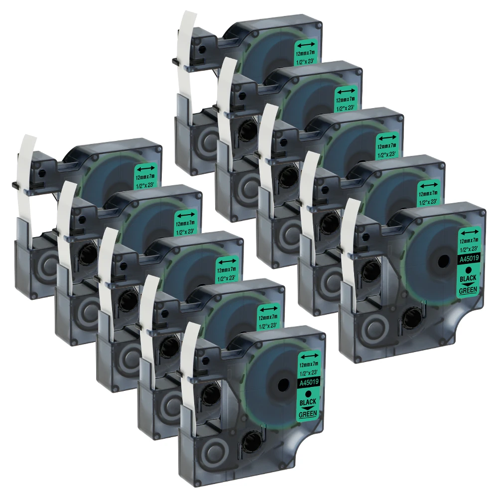 10 Packs 45019 Compatible DYMO D1 Label Tapes 45019 12mm Black on Green
