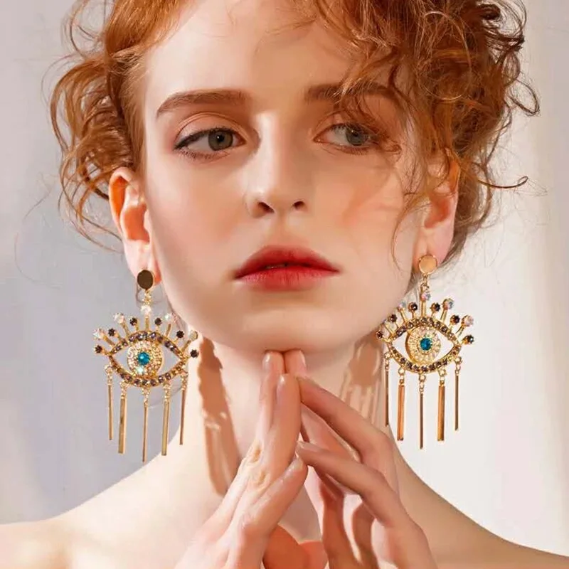 

Qiaose Ethnic Rhinestone Eyes Dangle Drop Earrings for Women Fashion Jewelry Boho Maxi Collection Earrings Accessories