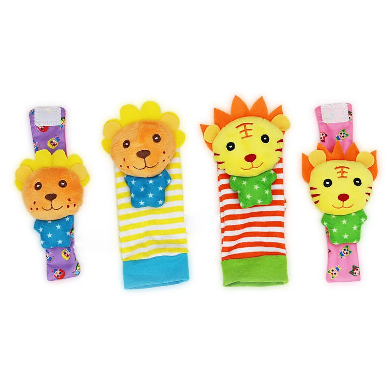 4 шт., детские игрушки-погремушки на запястье, плюшевые носки для новорожденных, носки-погремушки с изображением Льва, совы, животных, детские игрушки для 0-12 месяцев - Цвет: 4pcs