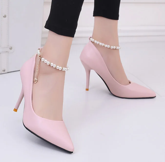 Для женщин Стильная обувь на высоких каблуках острый черный цельный бюстгальтер с пряжкой; большие размеры Однотонная одежда Тонкие Туфли для женщины, рабочая обувь, Белая Свадебная обувь - Цвет: pink 112