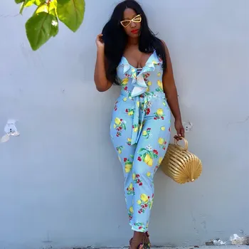 

Bohemian Women Ruffle V Neck Floral Print Jumpsuit Stripe Spaghetti Strap Long Romper Sexy Bodysuit Backless Overalls
