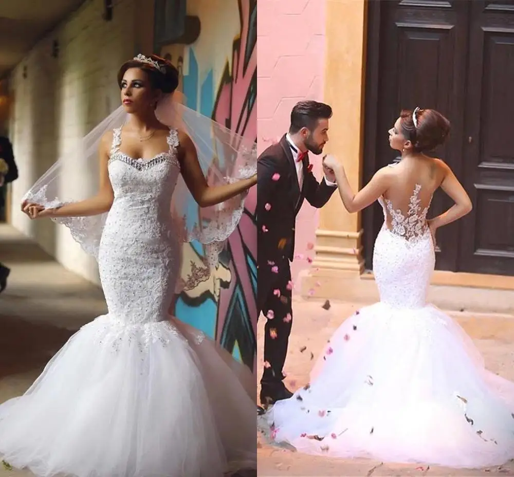 

Mermaid Sweetheart Open Back Tulle Lace Crystal Beaded Sexy Wedding Dresses Wedding Gowns 2020 New Fashion Custom Made