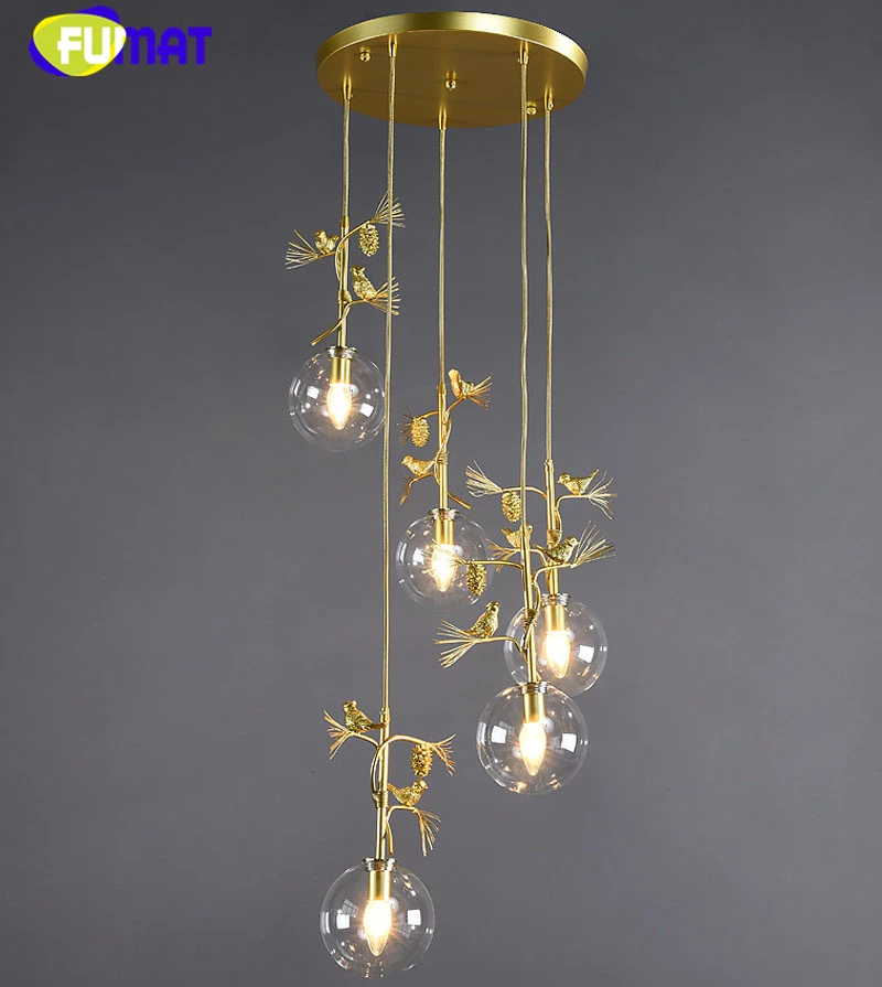 12 FUMAT Artichoke Bird Gold Glass Ball Ceiling Lamp Chandelier Spiral Staircase Villa G4 LED Modern Style Penthouse Layers Lights