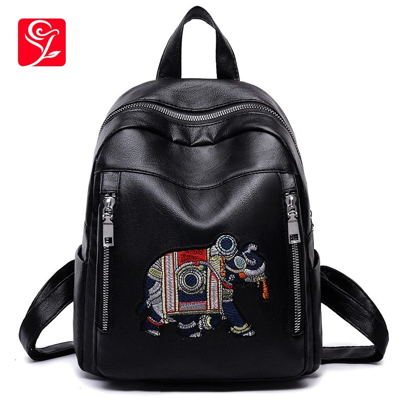 

Small Ethnic Backpack Female Leather Black Embroidery Animal Women Back Pack For Girl Teenagers College Solid Bagpack Mochila