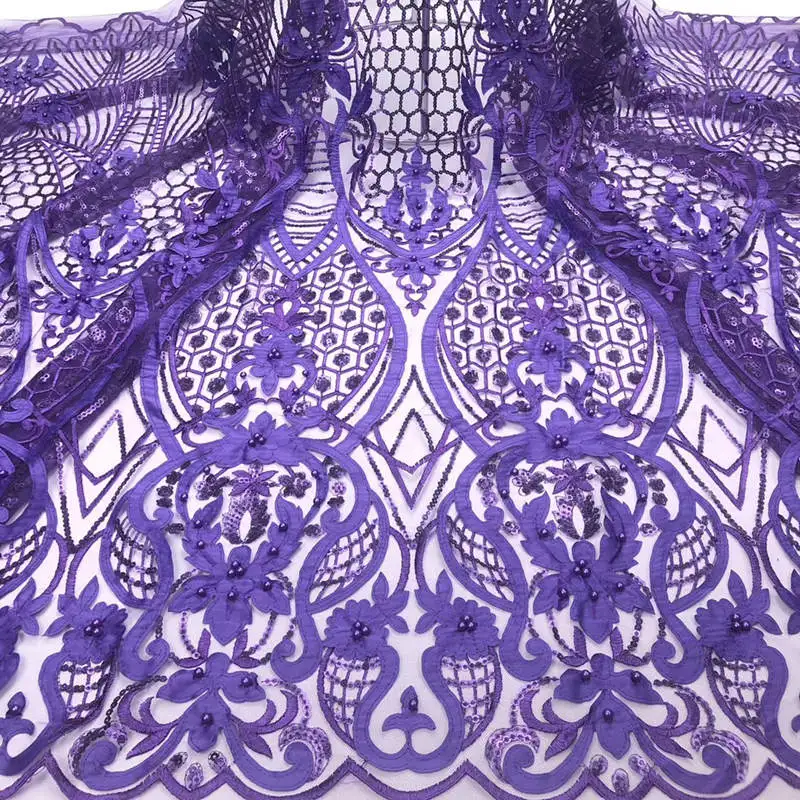 8 Aso Ebi кружево Французский блесток кружево ткань высокого качества бисером фиолетовый Африканский 3d цветок вышитые Тюль Кружева IG016 - Цвет: 8