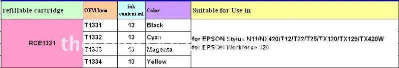 RCE1331) многоразовый картридж с чернилами для принтера Epson T1331-T1334 T133 T 133 стилус N11 NX420 T12(с чипом ARC) BKCMY