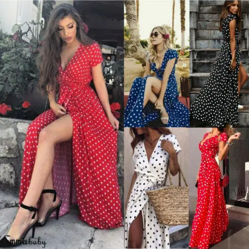Женское летнее платье макси в горошек Boho повседневное пляжное с коротким рукавом