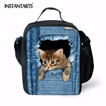 

INSTANTARTS Blue Denim Cat Print Thermal Insulation Picnic Bag Portable Waterproof Outdoor Lunch Food Box for Childrens Women