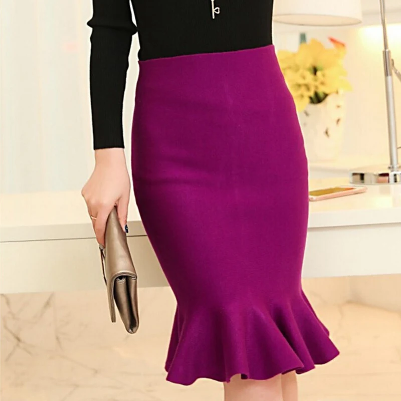 Womens Skirts 2019 Spring Autumn Skirts Women Knitted Mermaid Office Lady Women's Midi Skirt Black High Waist Solid Ruffle Party