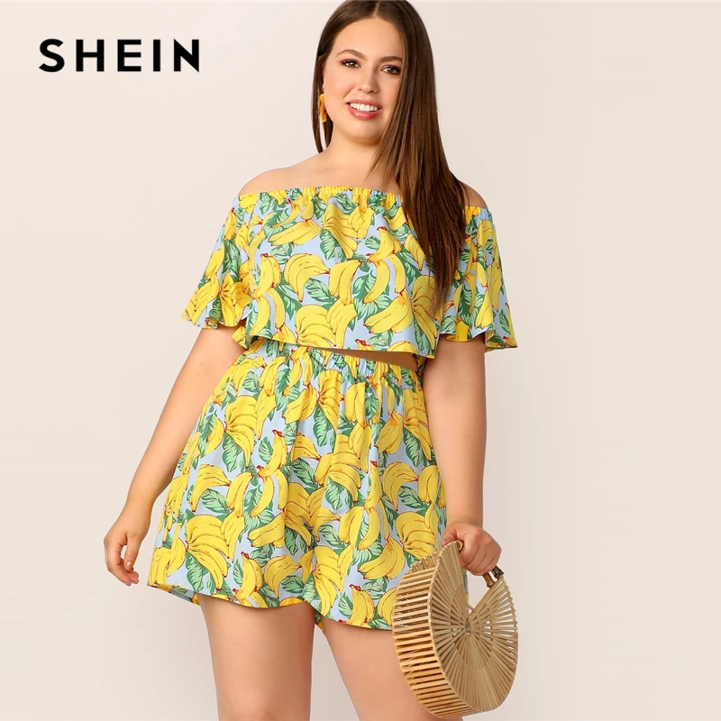 SHEIN Plus Size Yellow Off Shoulder Banana Print Flounce Sleeve Crop