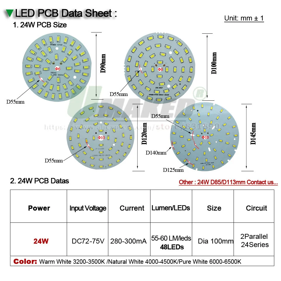 UMAKED 24 Вт 90 мм SMD 5730 Светодиодная Лампочка PCB лампочка Точечный светильник DIY