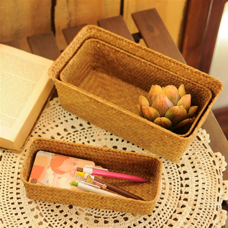 

Straw Picnic Wicker Basket Storage For Fruit Kitchen Toys Stationery Pen Desk Neatening Sundries Organizer Panier Osier Cesta