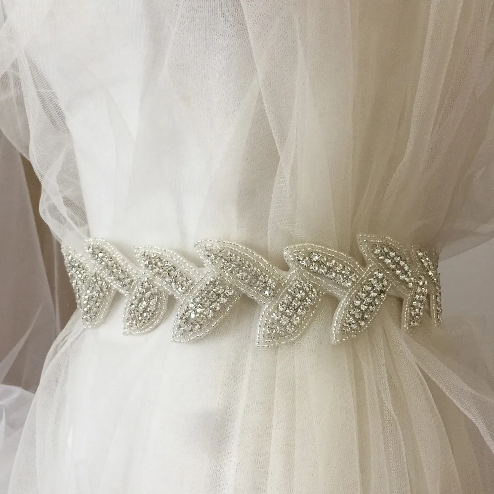 

1 Yard Leaf Rhinestone Beaded Trim in Clear Silver with Iron on Back Farbic for Wedding Straps Belt Bridal Sash