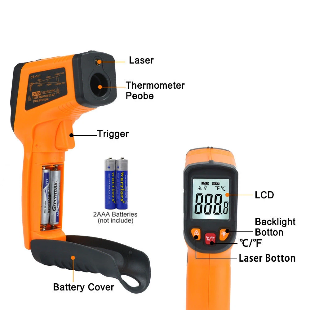 Бесконтактный лазерный ЖК-дисплей цифровой C/F выбор поверхности ИК инфракрасный термометр, датчик температуры пистолет Питание от 2 AAA