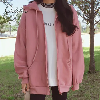 

Ordifree Female Sweatshirt Casual Coats Pink Black 2019 Autumn Winter Warm Fleece Women Hooded Sweateshirt Hoodie