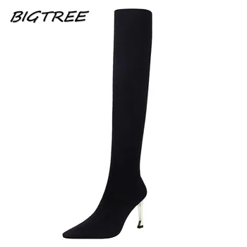 

BIGTREE Autumn Winter Women Over The Knee Boots Shoes Woman Party Wedding Nightclub Stretch Net stocking High Heels Long Boot