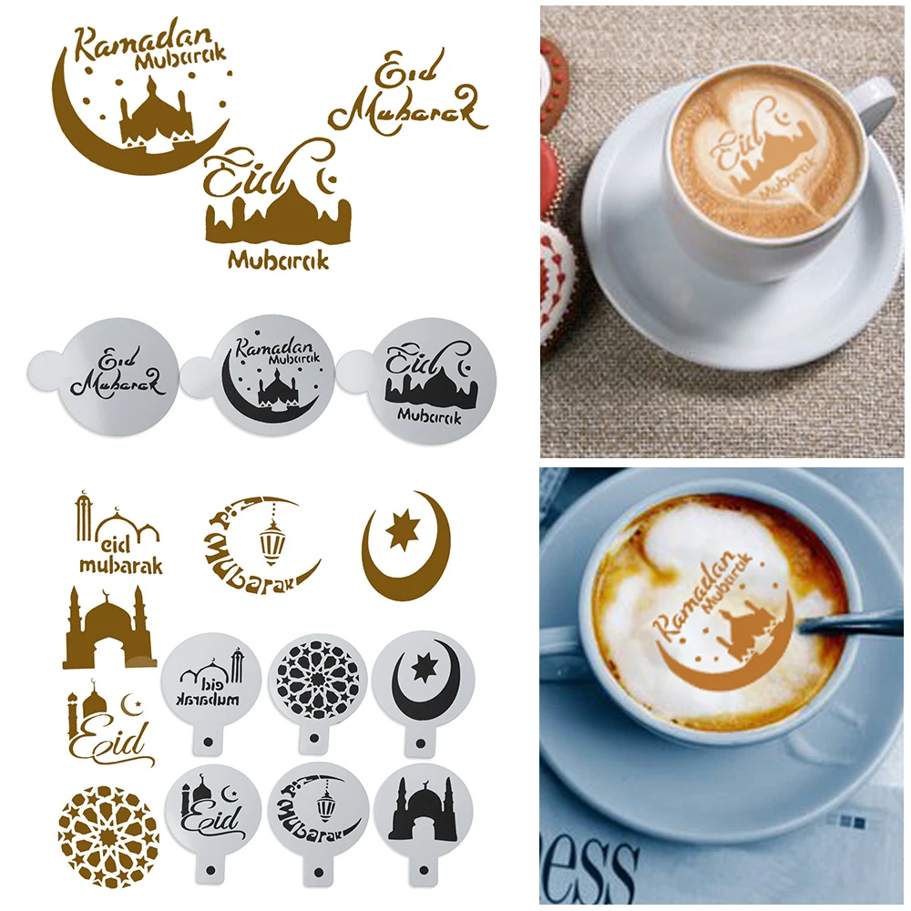 6pcs/set Ramadan Eid Mubarak lamp Design Coffee Stencils Cake Template TJX 