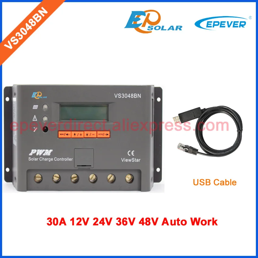 

Advanced automatic 12v 24v 36v 48v work solar controller High qulaity PWM Charger regulator with USB cable connect PC VS3048BN