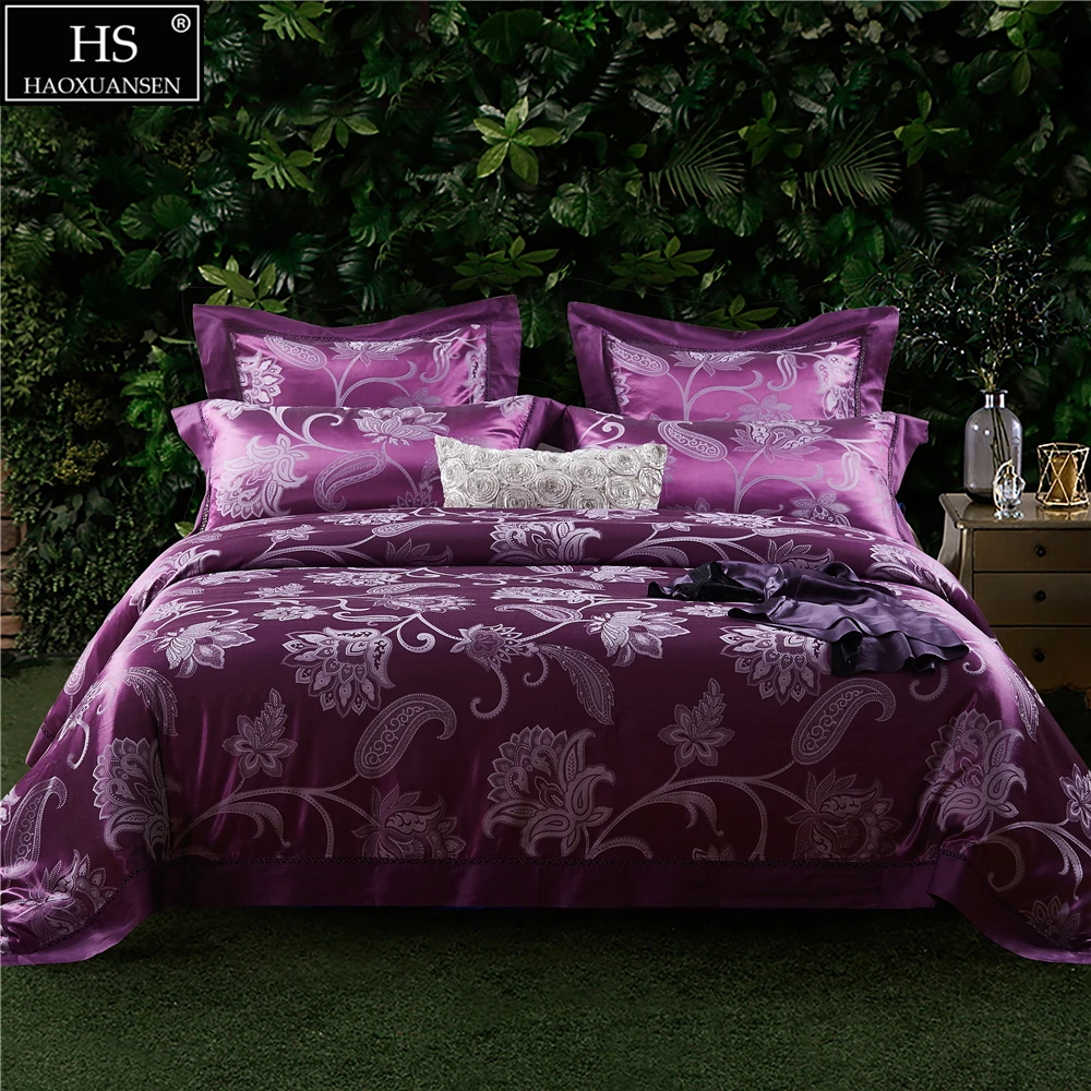22momme Mulberry Silk Jacquard 6pcs Bedding Sets Purple Luxury