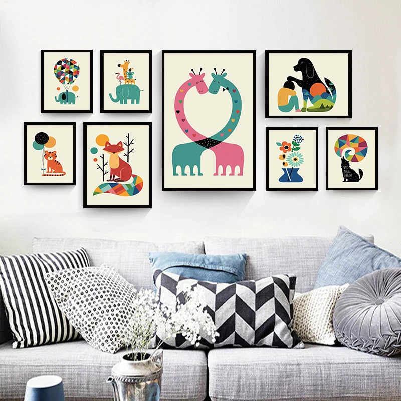 Nordic Cartoon Animal Canvas Painting Wall Poster Cute Lovely Colorful Sweet Picture For Children Bedroom Nursery Home Decor | Дом и сад