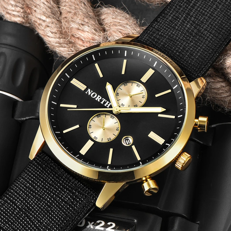NORTH Mens Watches Top Brand Luxury Quartz Gold Watch Men Casual Leather Military Waterproof Sport Wrist Watch Relogio Masculino
