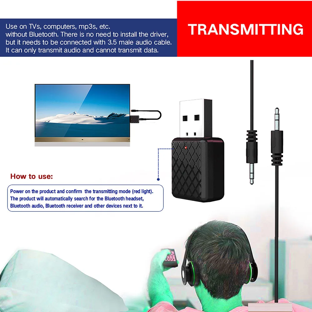 1 шт. Bluetooth 5,0 аудио приемник передатчик Мини 3,5 мм AUX Jack стерео Bluetooth передатчик для ТВ ПК автомобиля USB беспроводной адаптер