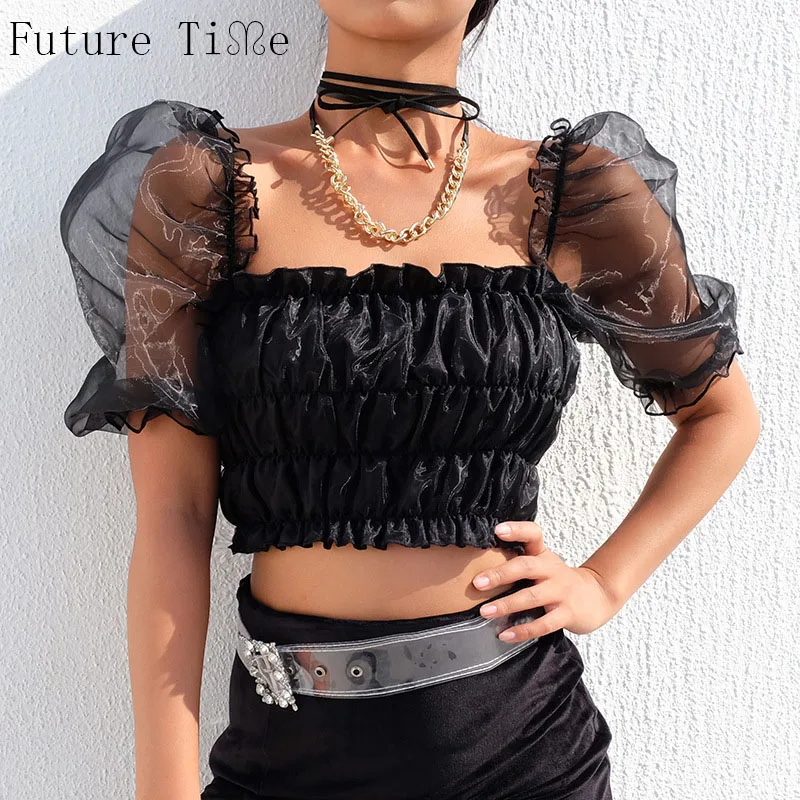 

Future Time Sweet Off Shoulder Black Tops and Blouses Women 2019 Summer Ladies Solid Mesh Patchwork Short Blouse Streetwear F357