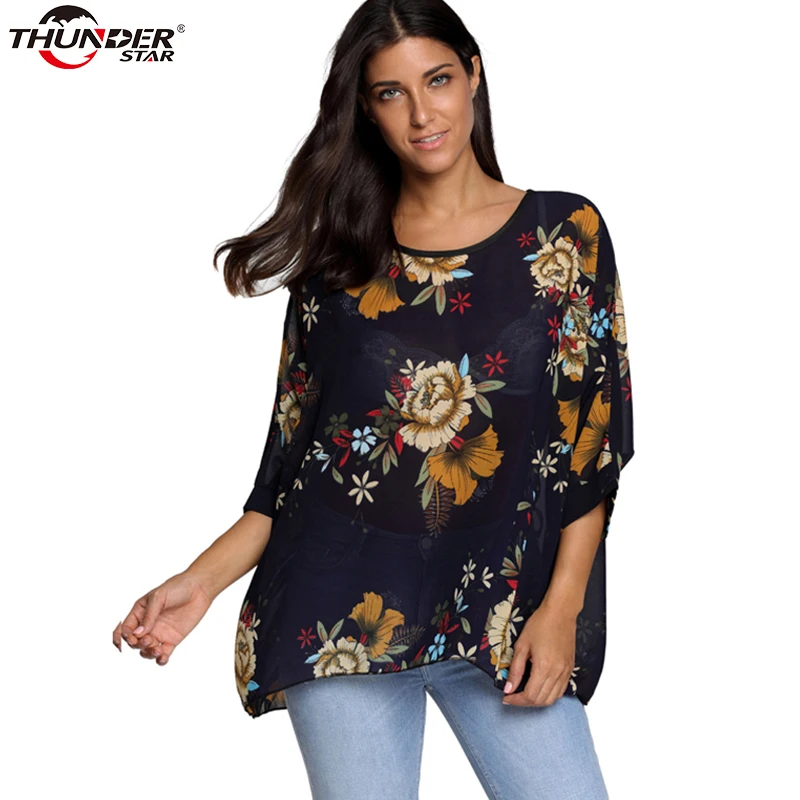 

New Floral Print chiffon blouse shirt Women tops blouse chemise femme camisa Transparent batwing sleeve summer 2018 blusas