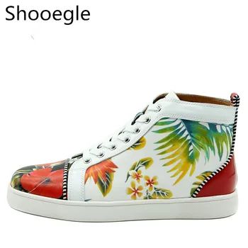 

Fashion men shoes floral printing Round Toe high top sneakers lace-up flats men mixed color casual shoes