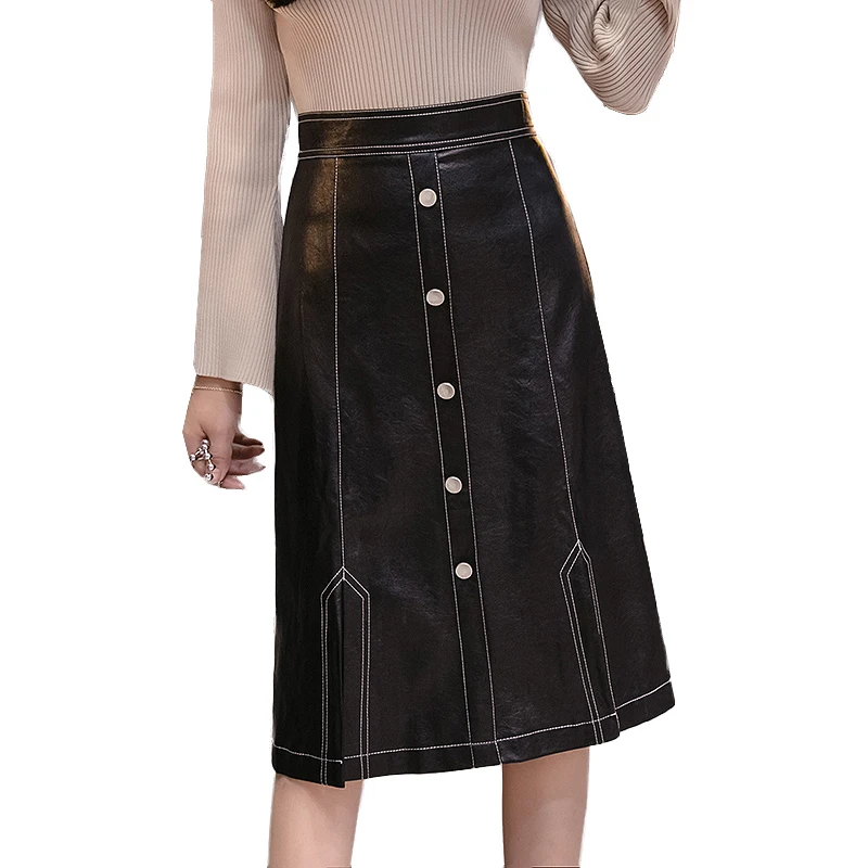 Autumn Winter Ladies Pu Faux Leather Midi Skirt Womens High Waist ...