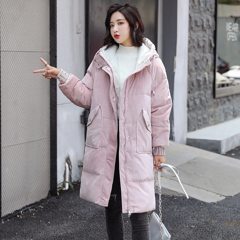 Pakras Women Corduroy Cotton Padded Winter Jacket Coat Plus Size Loose Thickening Warm Hooded Long Parka Mujer Overcoat