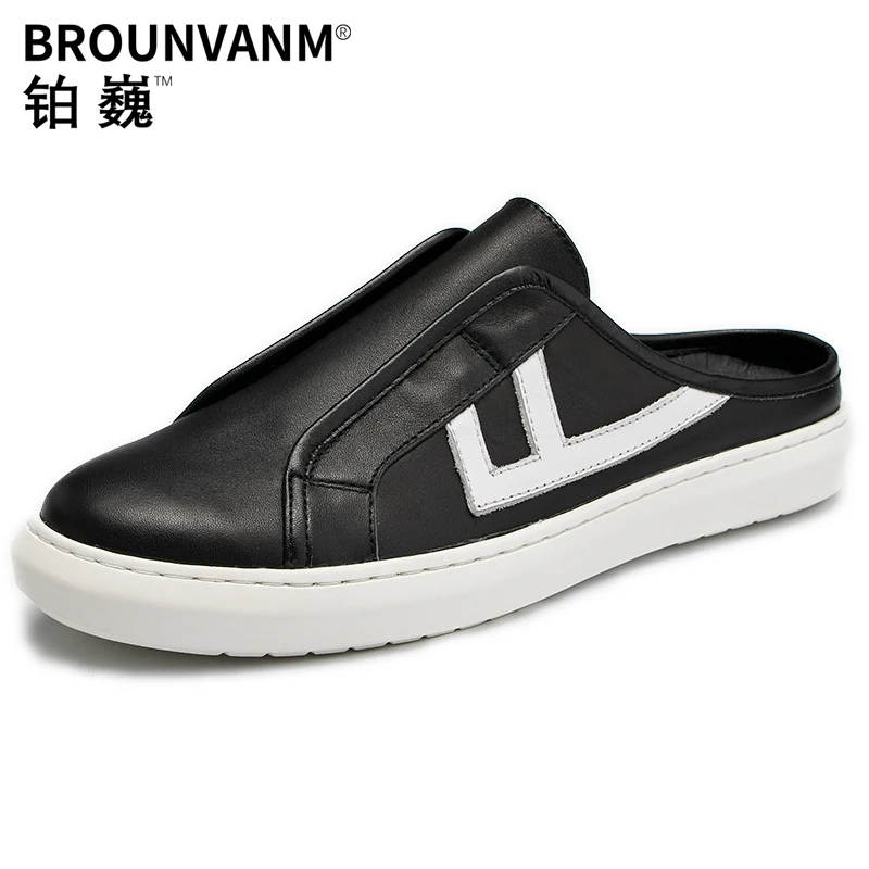 

Genuine Leather Leather half slippers mens lazy shoes Summer Men casual white shoes all-match cowhide breathable sneaker fashion