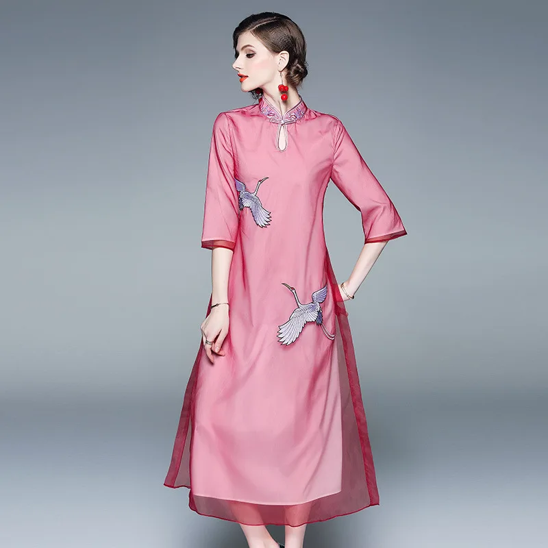 

Fashion brand spring summer and autumn high-end boutique women's clothing embroidery Slim temperament cheongsam slit women dress
