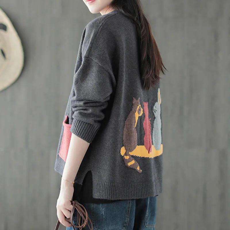 Johnature 2018 Autumn New Women Sweater Coats Knitted Cardigan Pockets Button V-Neck Long Sleeve Mori Girl Print Cartoon Sweater