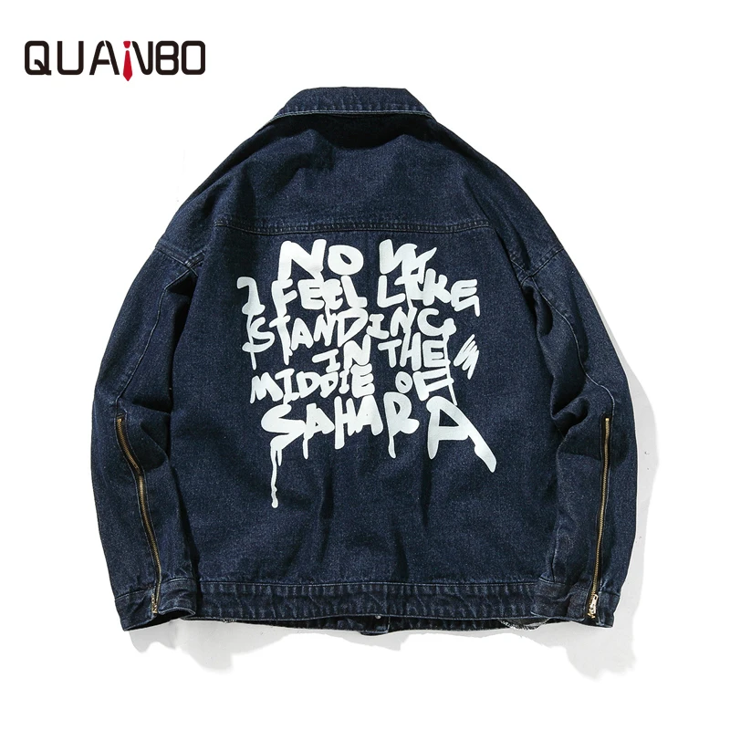 

QUANBO 2018 New Autumn Winter Loose Denim Jacket Men Fashion Letter Printing Casual Streetwear Plus size Brand Jacket