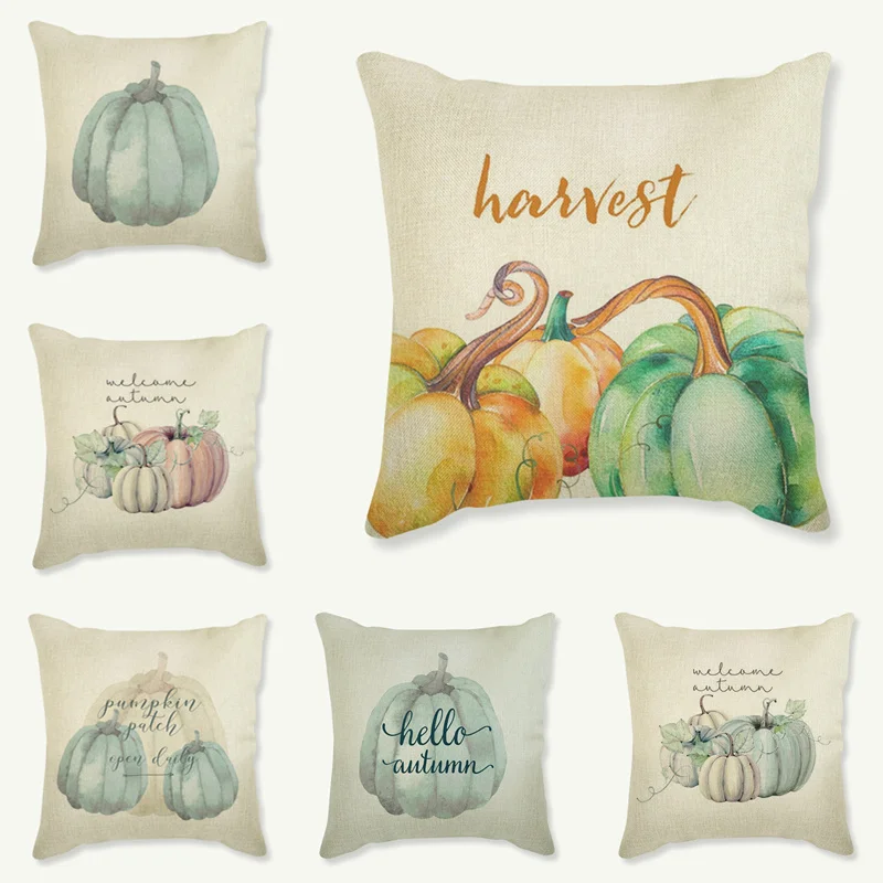 

Happy Fall Thanksgiving Cushion Cover Pillow Case Turkey Water Color Pumpkin Print Happy Halloween Party Decor Cushion Cover